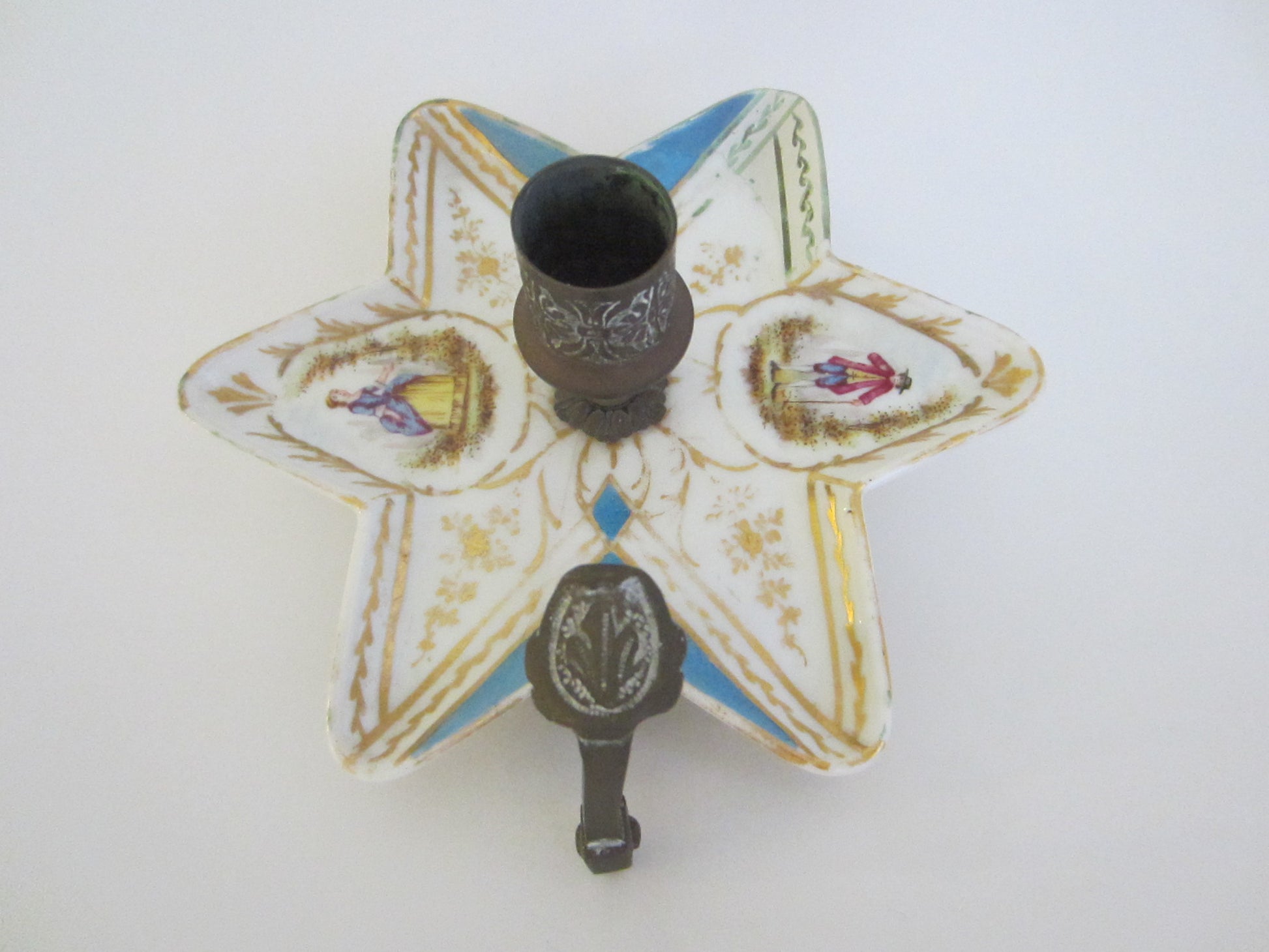 Minton Porcelain Star Candle Holder Bronze Handle Footed Romantic Medallions - Designer Unique Finds 