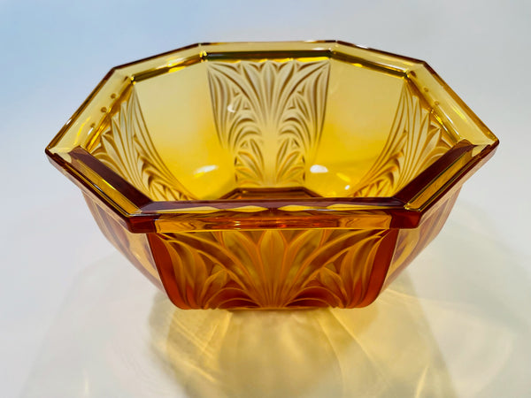 Amber Glass Bowl Germany Hexagonal Mid Century Floral Relief
