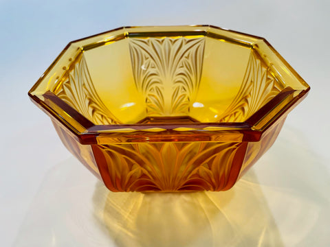 Amber Glass Bowl Germany Hexagonal Mid Century Floral Relief