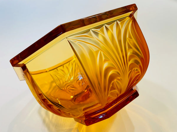 Amber Glass Bowl Germany Hexagonal Mid Century Floral Relief