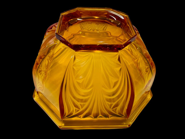Amber Glass Bowl Germany Hexagonal Mid Century Floral Relief