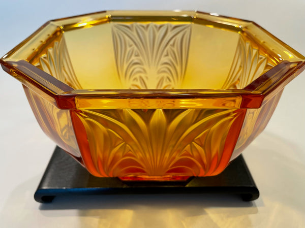 Amber Glass Bowl Germany Hexagonal Mid Century Floral Relief