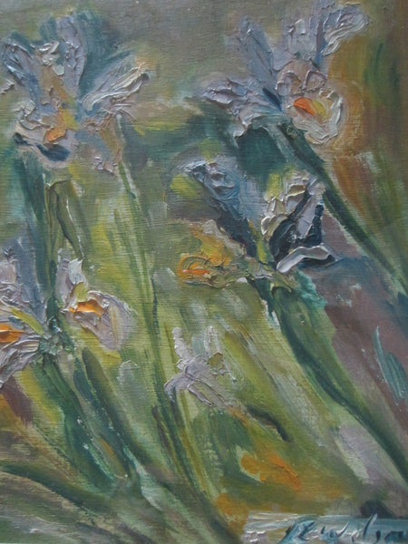Still Life Irises Signed Oil On Board Untitled Painting