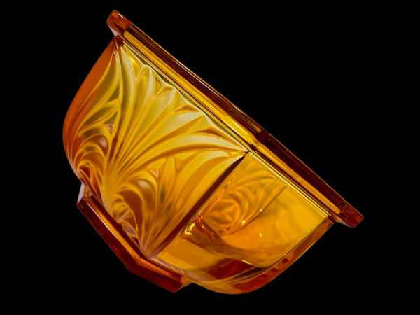 Amber Glass Bowl Germany Hexagonal Mid Century Floral Relief
