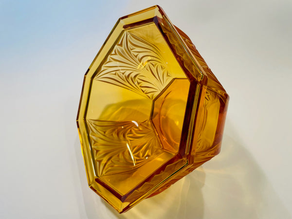 Amber Glass Bowl Germany Hexagonal Mid Century Floral Relief