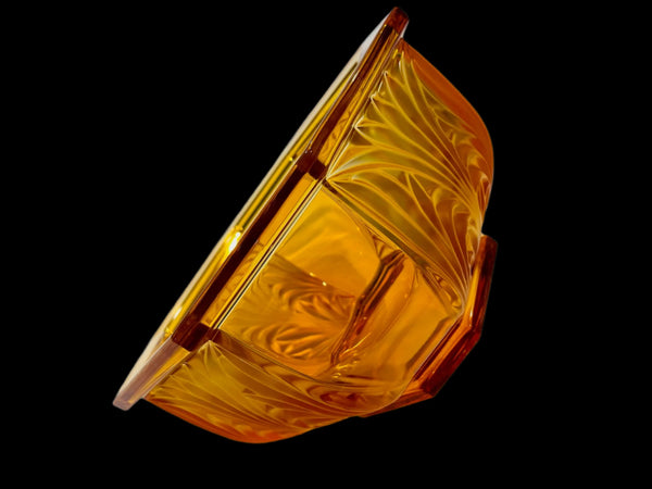 Amber Glass Bowl Germany Hexagonal Mid Century Floral Relief