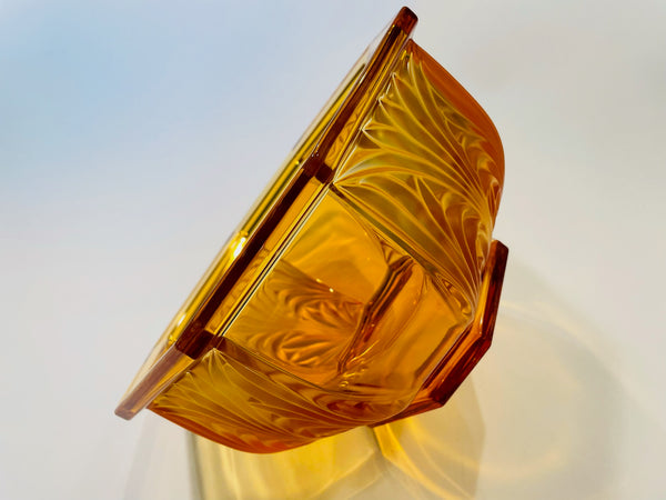 Amber Glass Bowl Germany Hexagonal Mid Century Floral Relief