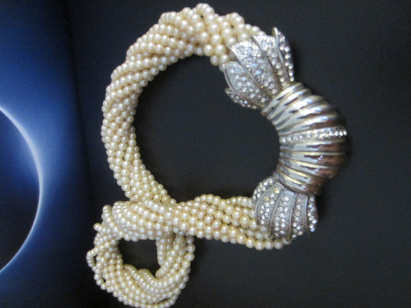 Torsade Statement Necklace Micro Pearls Cluster Rhinestones Clasp - Designer Unique Finds 