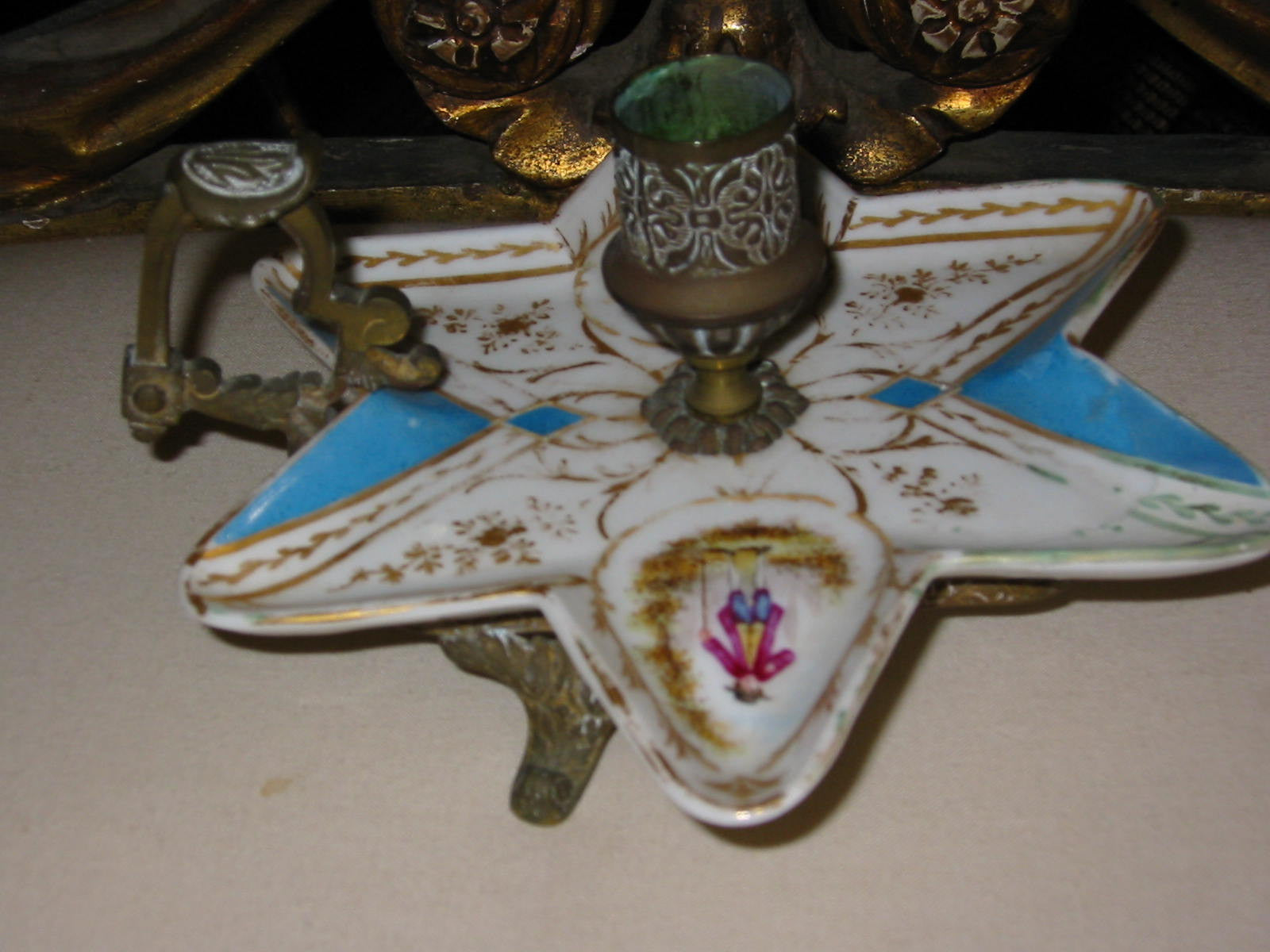 Minton Porcelain Star Candle Holder Bronze Handle Footed Romantic Medallions - Designer Unique Finds 