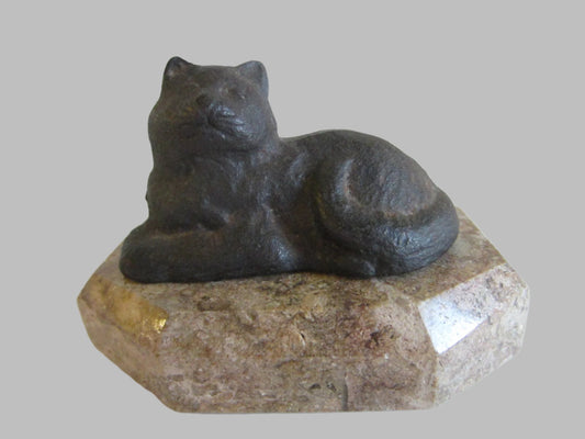 Miniature Bronze Seated Cat On Octagonal Granite Stone - Designer Unique Finds 