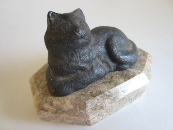 Sleeping Miniature Bronze Cat On Octagonal Granite Stone - Designer Unique Finds 