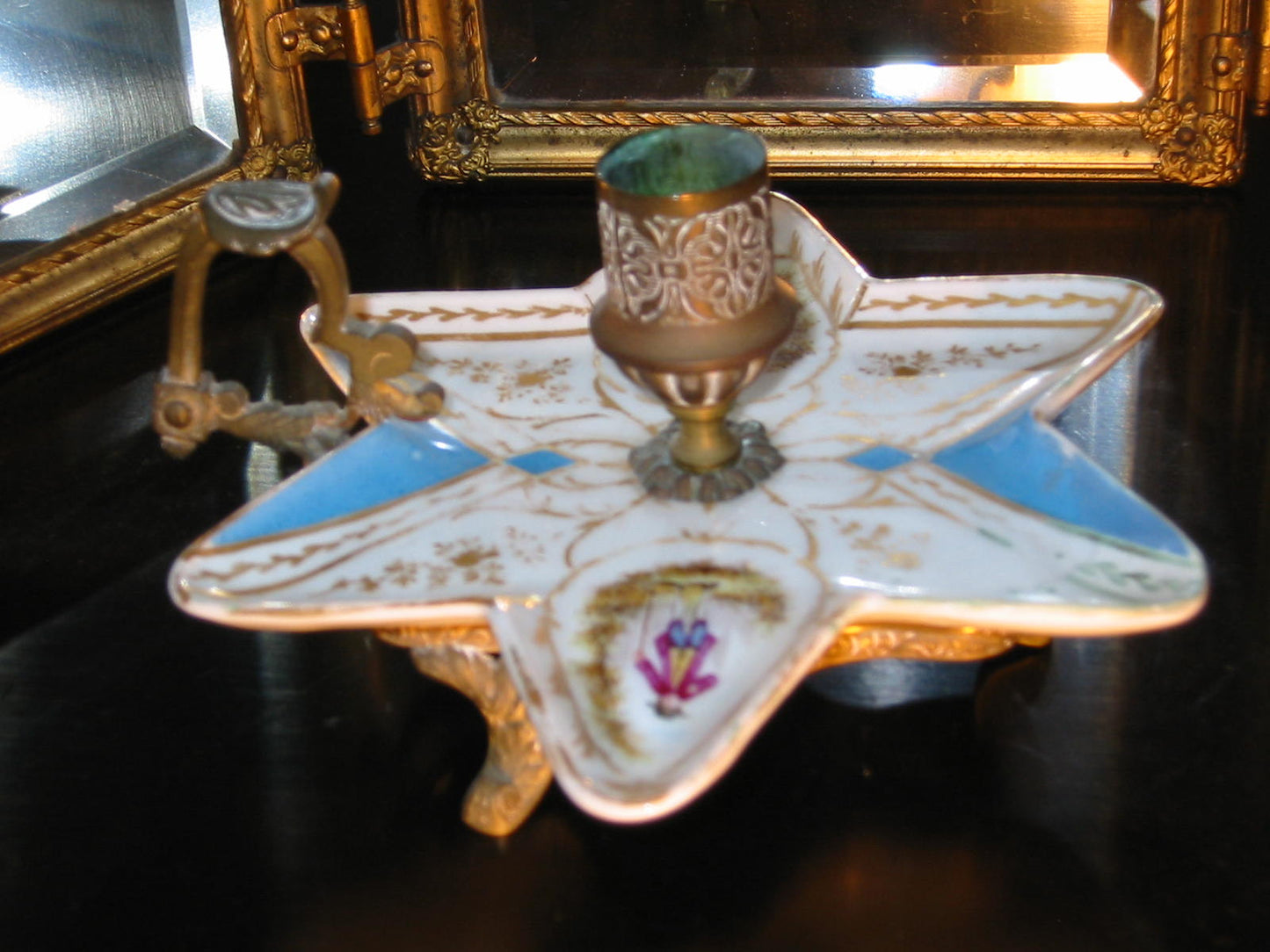 Minton Porcelain Star Candle Holder Bronze Handle Footed Romantic Medallions - Designer Unique Finds 
