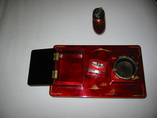 Chinoiserie Red Lacquered Figurative Dutch Music Box Smoking Set - Designer Unique Finds 
 - 3