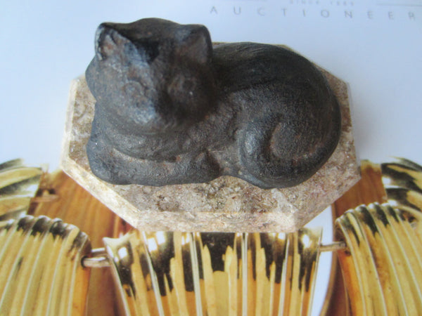 Sleeping Miniature Bronze Cat On Octagonal Granite Stone - Designer Unique Finds 