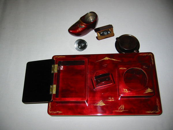 Chinoiserie Red Lacquered Figurative Dutch Music Box Smoking Set - Designer Unique Finds 
 - 2