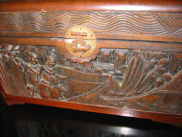 Hand Carved Storyteller Chinese Decorative Storage Box Brass Closure