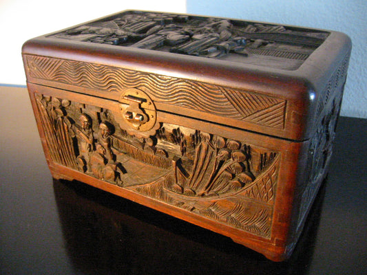 Chinese Storyteller Hand Carved Decorative Storage Box Brass Closure