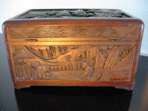 Hand Carved Storyteller Chinese Decorative Storage Box Brass Closure