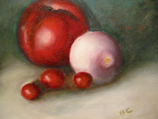 Still Life Fruits Vegetables Oil On Canvas Monogrammed BC - Designer Unique Finds 