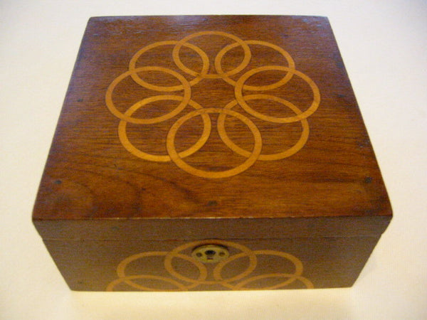 Mahogany Jewelry Box Art Deco Lined Decorated Inlaid Maple Marquetry - Designer Unique Finds 