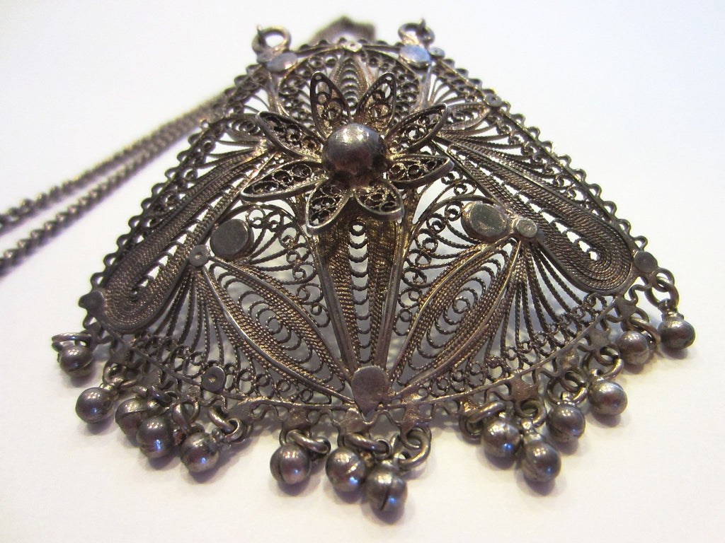 Silver Filigree Mesh Pendant Chain Necklace Floral Beading Decoration - Designer Unique Finds 