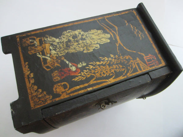 Asian Figurative Chinoiserie Paper Cabinet Single Drawer Brass Pull