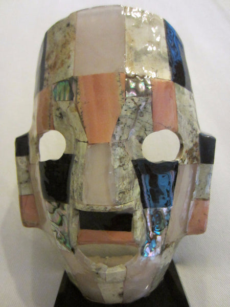 Mayan Aztec Ceremonial Abalone Mask Black Stone Stand - Designer Unique Finds 