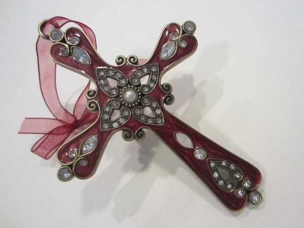 Jeweled Tone Cross Ornament Red Enamel Crystals On Brass