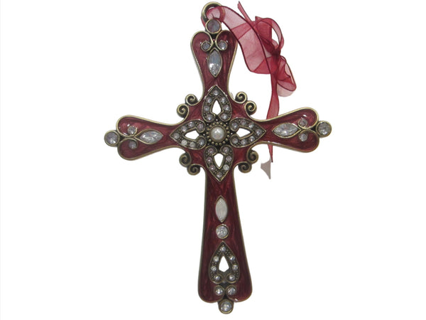 Jeweled Tone Ornament Cross Red Enamel Crystals On Brass 