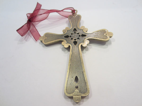 Jeweled Tone Cross Ornament Red Enamel Crystals On Brass