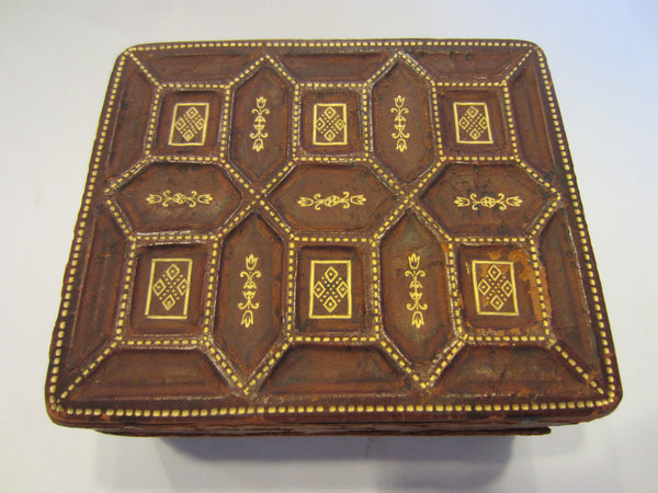 S Lutie Firenze Brown Gold Leather Box Marked Embossed Geometric Design