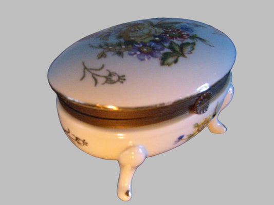 Porcelain Floral Enameling Relief Footed Oval Jewelry Box - Designer Unique Finds 