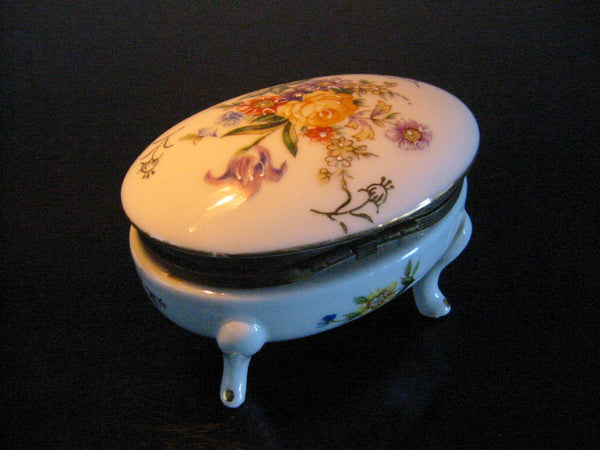 Porcelain Floral Enameling Relief Footed Oval Jewelry Box - Designer Unique Finds 