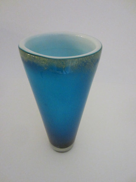 Venetian Glass Blue Vase Millefiori Geometric Gold Inclusion - Designer Unique Finds 