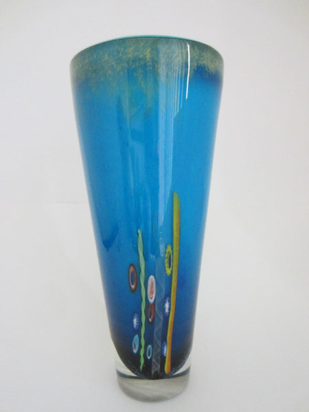 Venetian Glass Blue Vase Millefiori Geometric Gold Inclusion - Designer Unique Finds 