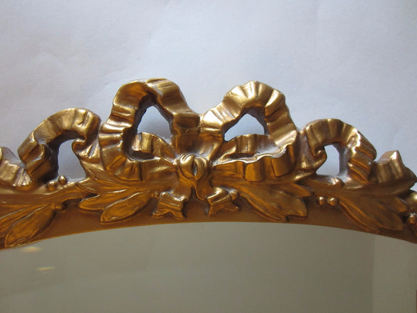 Rococo Style Oval Beveled Gold Mirror Ribbon And Bow Crest - Designer Unique Finds 