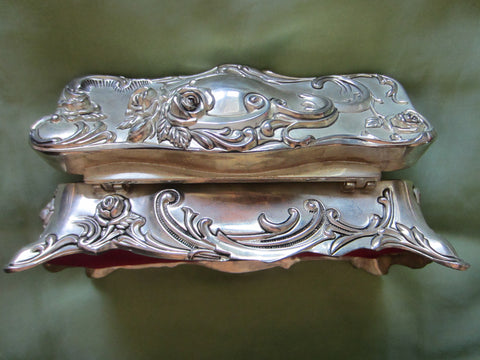 Art Deco Silver Plated Jewelry Box With Roses - Designer Unique Finds 