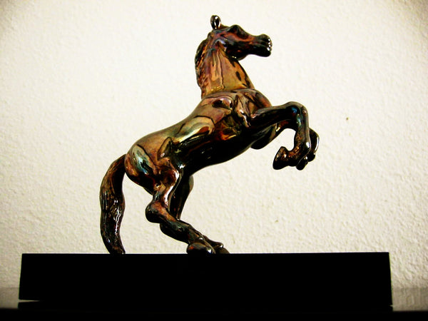 Chrome Horse Sculpture On Black Rectangle Stand - Designer Unique Finds 