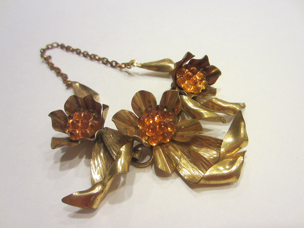 Mid Century Modern Orange Pulp Brass Choker Link Chain Necklace - Designer Unique Finds 