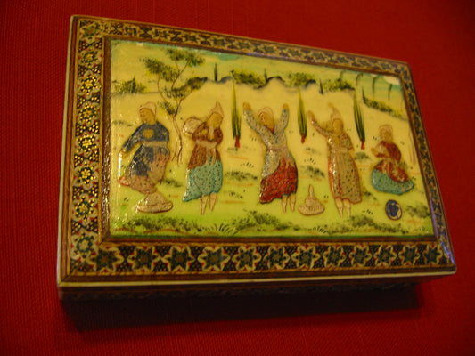 Persian Khatam Box Inlaid Wood Ethnic Tribal Figurative Folk Dancers - Designer Unique Finds 