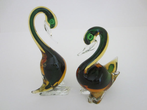 Green Murano Sommerso Seguso Ducks Italian Sculptures In Pair - Designer Unique Finds 
