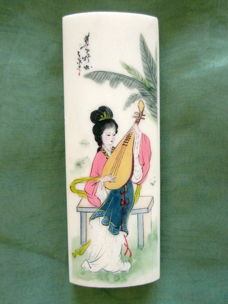 Chinese Stone Paperweight Mandolin Player Geisha Hand Painted Signed - Designer Unique Finds 
 - 1