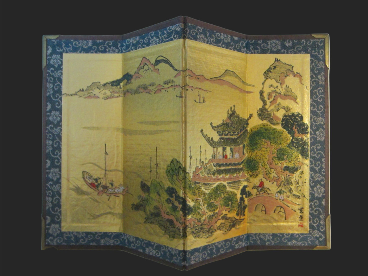 Japanese Byobu Four Panel Architectural Gold Paper Signed Table Screen