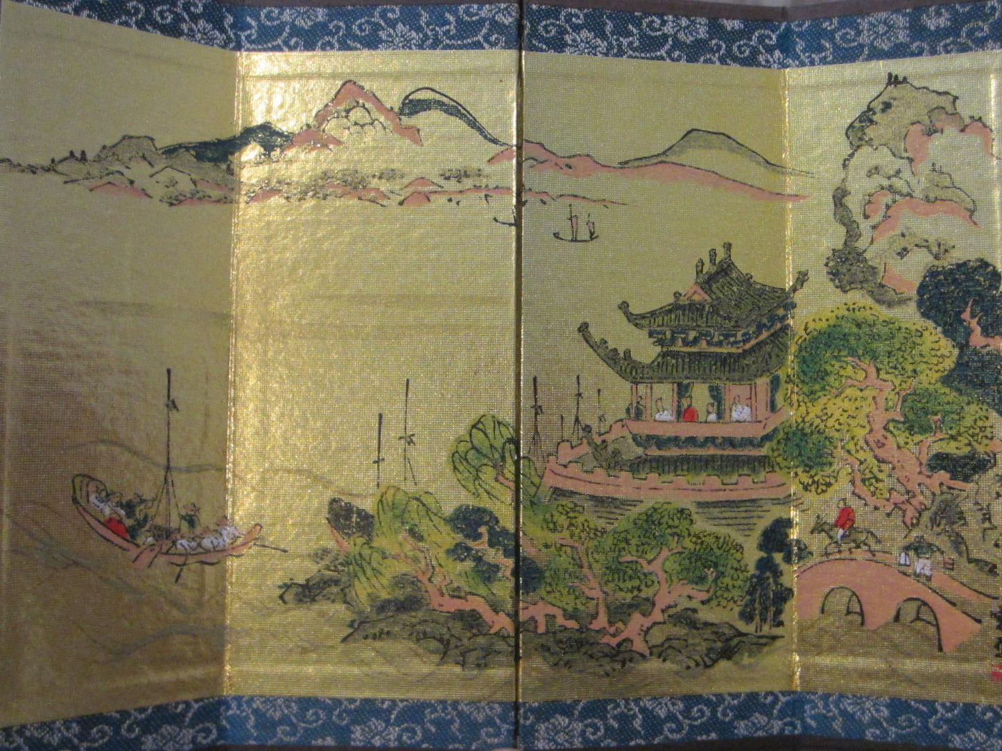 Japanese Byobu Four Panel Architectural Gold Paper Signed Table Screen