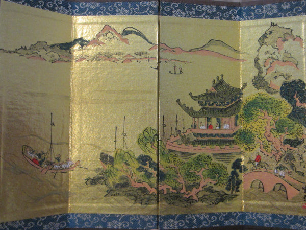 Byobu Four Panel Architectural Gold Paper Japanese Signed Table Screen