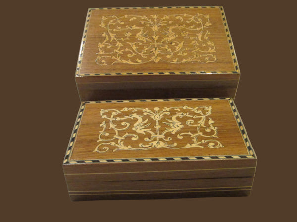 Italian Inlaid Maple Nested Set Boxes Exotic Birds Hand Work Floral Marquetry