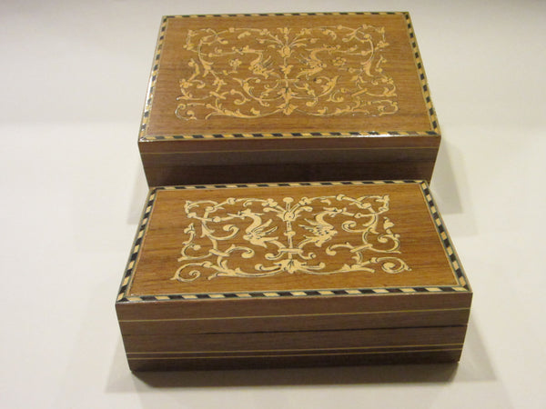 Italian Inlaid Maple Nested Set Boxes Exotic Birds Hand Work Floral Marquetry