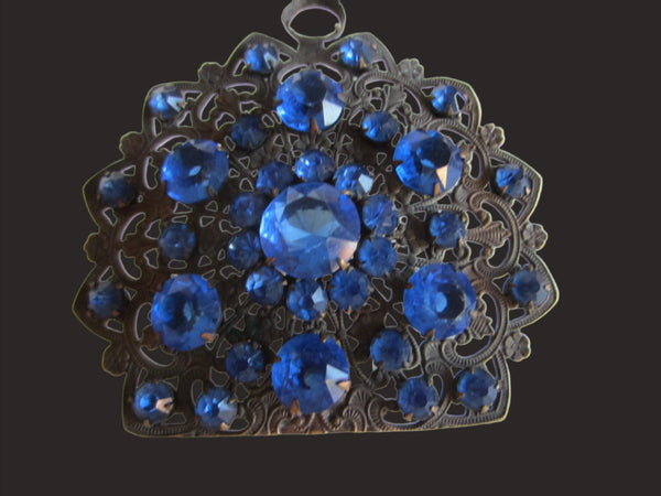 Art Deco Dress Clip Blue Glass Gems Cabochons Open Work