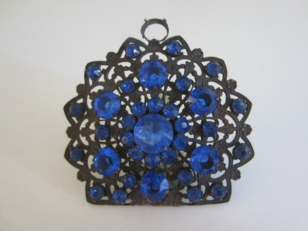 Art Deco Dress Clip Blue Glass Stones Cabochons Open Work - Designer Unique Finds 
