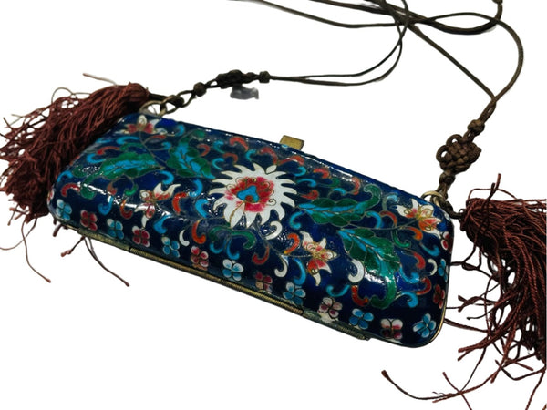 Asian Miniature Enameled Cloisonne Purse Pendant Necklace Lotus Flower